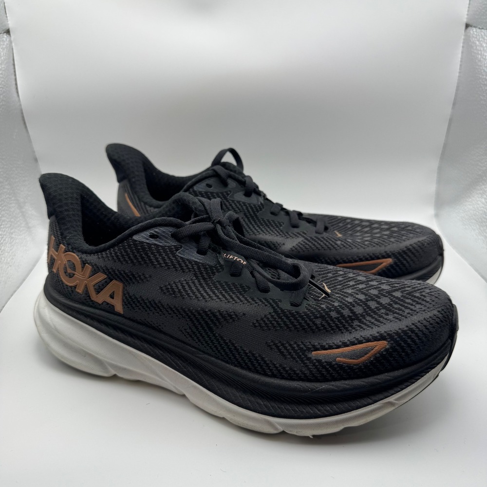 Hoka Clifton 9 Wide Running Shoes Black Copper Womens 7D 1132211 Aetrex Insoles